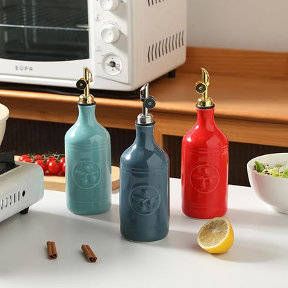 Sweejar 16 Oz Ceramic Olive Oil Dispenser Bottle, Oil Dispenser for Kitchen with Gravity Spout, Relief Opaque Vinegar Container for Evoo, Soy Sauce, 1 Pack(Fog Blue, Silver Spout) - Image 6