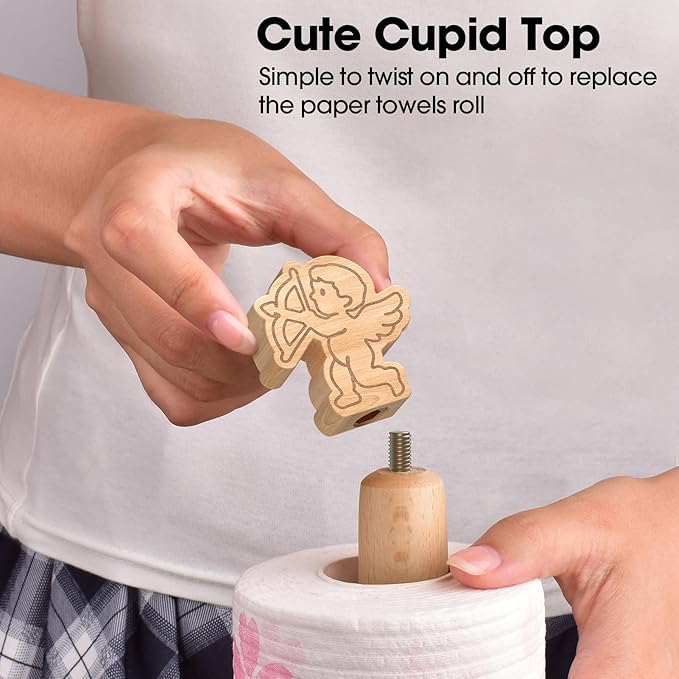 KitchLife Cute Wooden Paper Towel Holder Countertop - Solid Freestanding Paper Towel Dispenser Stand Organizer with Anti-Skid Base (Cupid) - Image 4