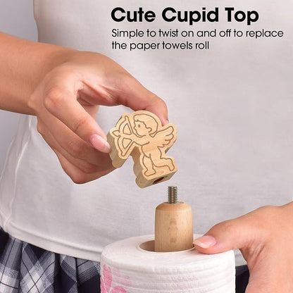 KitchLife Cute Wooden Paper Towel Holder Countertop - Solid Freestanding Paper Towel Dispenser Stand Organizer with Anti-Skid Base (Cupid) - Image 4