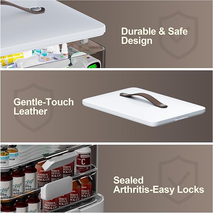 CTIME 4-Tier XL Medicine Organizer - Portable Medicine Cabinet with Leather Handle, Empty First Aid Kit for Home Organization Must, School, Dormitory, Travel, RV, Dorm, Ideal Elderly Gift - Image 7