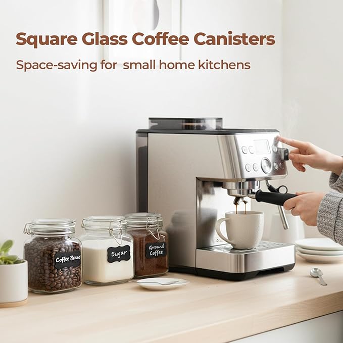 ComSaf 3-Pack Square Glass Coffee Canisters for 1lb Bean Bags, 34oz Airtight Jars with Clamp Lids for Tea, Sugar & Flour, Space-Saving Pantry Organization for Small Apartments & Coffee Station - Image 3