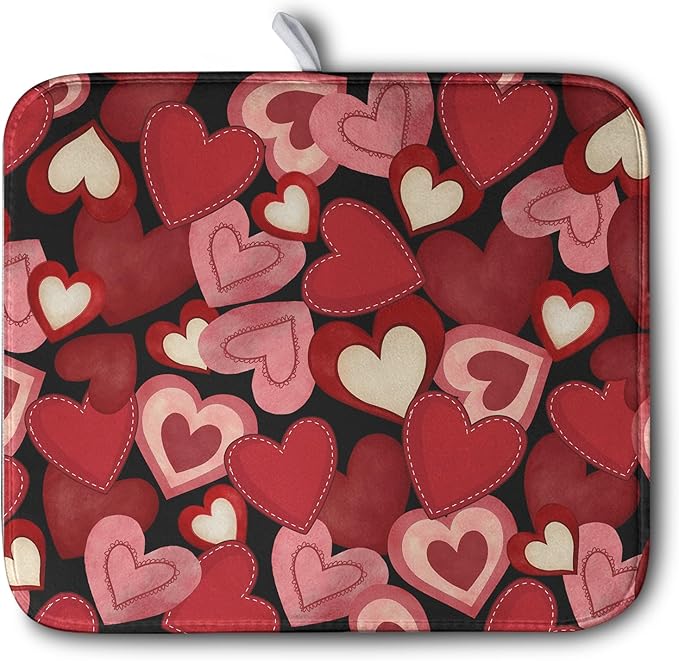 Valentine Dish Drying Mat for Kitchen Counter Red Black Love Heart Drying Pad Microfiber Absorbent Coffee Bar Mat Heat Resistant Countertop Protector Dishes Drainer Mat 16x18 Inch by Kwlegh