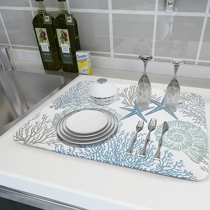 Nautical Dish Drying Mat for Kitchen Counter Coastal Seashell Starfish Summer Microfiber Absorbent Dish Draining Reusable Washable Foldable Extra Large 18"x24" - Image 6