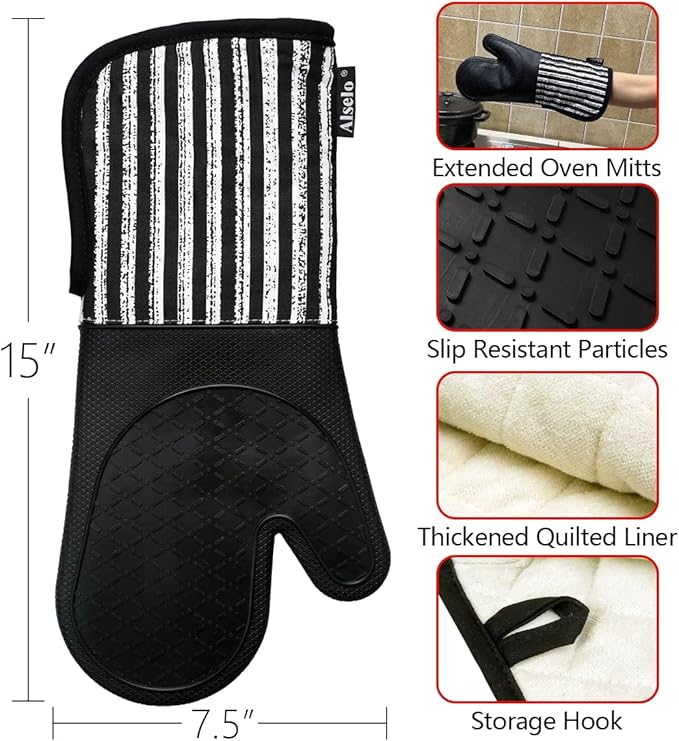Alselo Silicone Oven Mitts Heat Resistant 932℉ with Waterproof & Non-Slip Kitchen Mittens, Set of 2 Extra Long Oven Gloves with Soft Cotton Terry Lining for Baking Cooking Barbecue (2, Black Mitts) - Image 3