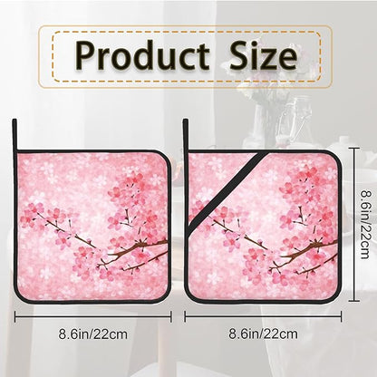 Pink Blooming Cherry Blossoms Pot Holder Set of 2,Heat Resistant Potholders Oven Hot Pads for Kitchen Cooking Baking BBQ