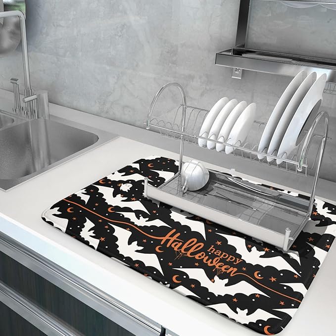 Halloween Drying Mats for Kitchen Counter 18”x24” Happy Halloween Spooky Bat Dishes Pad Microfiber Absorbent Fast Dry Dish Draining Mats Halloween Kitchen Decor Table Protector for Bar Countertop