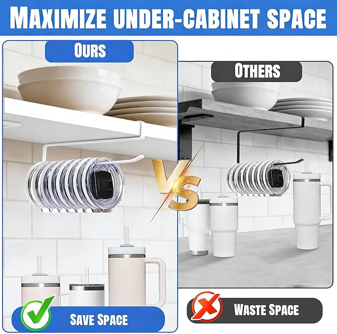 1 Pack Tumbler Lid Organizer, Versatile Cup & Water Bottle Lid Holder, Upgraded Kitchen Space Saver & Under Cabinet Storage, No Adhesive or Drilling Needed, Multi-Use Tumbler Lid Holder, White - Image 3