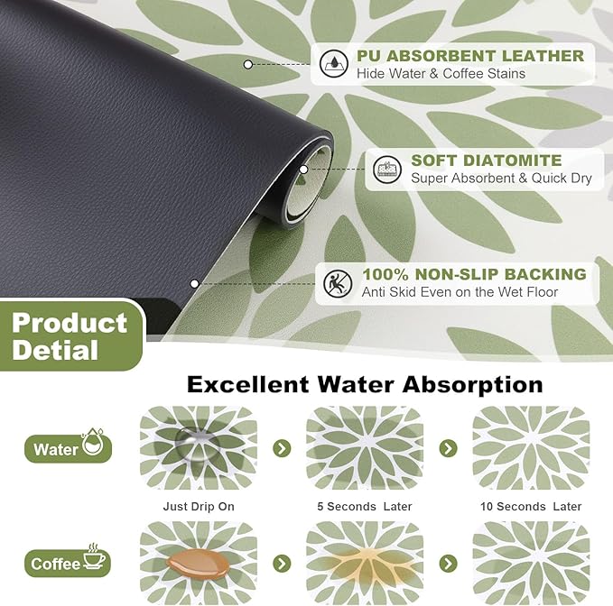 Findosom Floral Dish Drying Mat, 16" x 24" Super Absorbent & Hide Stain Coffee Mat, Cuttable Drying Mat for Kitchen Counter, Under Dish Rack, Coffee Maker, Espresso Machine, Sage Green