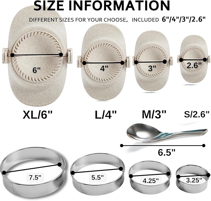 Empanada Maker Press, 6-Inch Extra Large Dumpling Maker Set with Dough Cutter, Dumpling Mold Set for Pierogi, Pastelitos, Calzone, Turnovers, Chinese Dumpling, 4Sizes (6"/4"/3"/2.6")