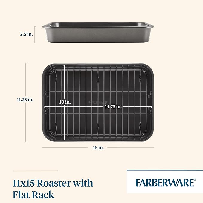 Farberware Bakeware Nonstick Steel Roaster with Flat Rack, 11-Inch x 15-Inch, Gray - Image 2
