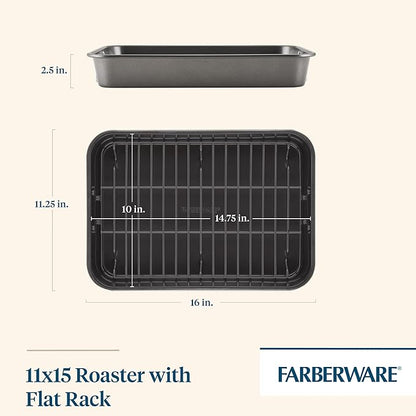 Farberware Bakeware Nonstick Steel Roaster with Flat Rack, 11-Inch x 15-Inch, Gray - Image 2