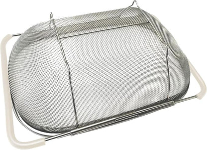 AJIODA Over The Sink Colander, 6 Quarts Stainless Steel Oval Colander with Expandable Rubber Grip Handle, Fine Mesh Strainer Baskets Kitchen Colanders for Strain, Drain, Rinse Vegetable, Fruits, Beige