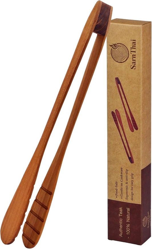 Teak Wood Toast Tongs – 12 Inches Long Wooden Toaster Tongs with Anti-Slip Design for Bread, Meat, and Pasta