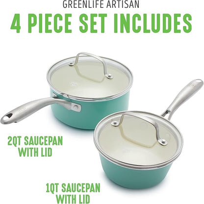 GreenLife Artisan Healthy Ceramic Nonstick, 1QT and 2QT Saucepan Pot Set with Lids, Stainless Steel Handle, Induction, PFAS-Free, Dishwasher Safe, Oven Safe, Turquoise