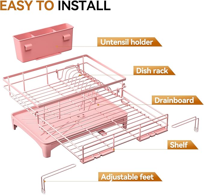 Laveshop Dish Drying Rack - Expandable Rack, Large Capacity Dish Drainer for Kitchen Counter, Rust-Proof with Utensil Holder, Pink - Image 5