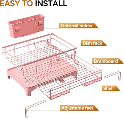 Laveshop Dish Drying Rack - Expandable Rack, Large Capacity Dish Drainer for Kitchen Counter, Rust-Proof with Utensil Holder, Pink - Image 5