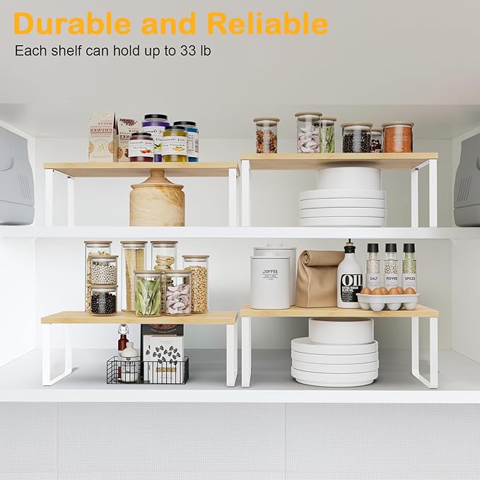 OGEMXU Cabinet Shelf Organizers, 15.7 inches Large Kitchen Counter Shelf, Set of 2 Wood Kitchen Pantry Organizer, Storage Shelves for Countertop, Spice Rack, Stackable, Expandable, Metal White, Nature - Image 4