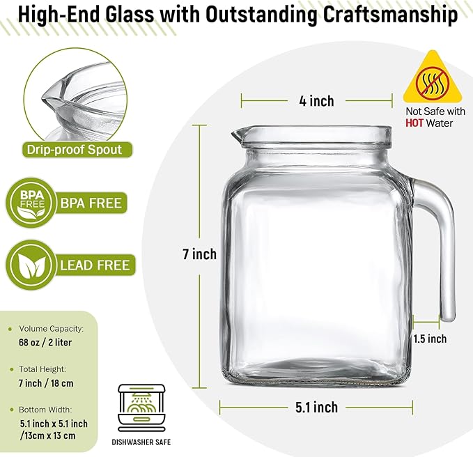 68 Oz Seal Pitcher With Lid and Spout, Large Iced Tea Pitcher for Fridge, Wide Mouth Glass Jar Container for Homemade Juice & Iced Tea, Iced Coffee, and Drinks