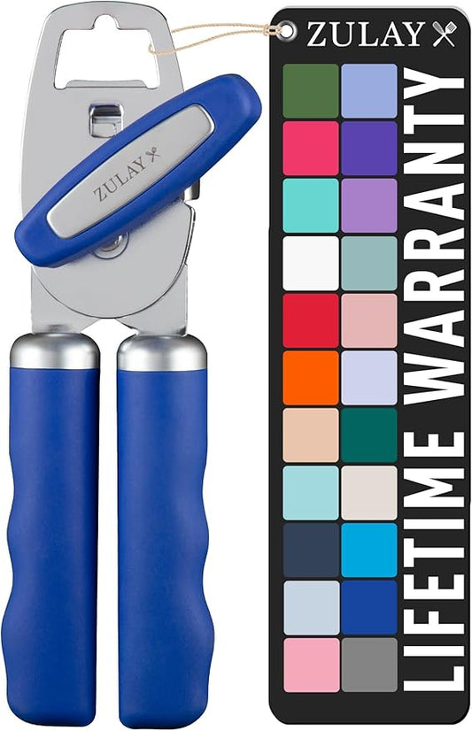 Zulay Kitchen Heavy Duty Stainless Steel Can Opener Manual with Bottle Opener - Rust Proof Manual Can Opener With Turn Knob & Comfy Soft Grip Handles - Royal Blue by ZulayKitchen
