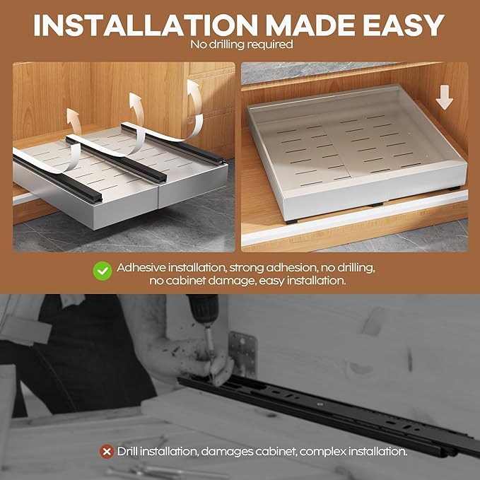 Seinloes 2Pack Expandable Pull Out Cabinet Organizer 21"Deep With Raising Pad for Framed Cabinets, Upgrade 3 Slide Rails Slide Out Drawers,Roll Out Shelves Adhesive,Adjustable Width 12.05"-20.4"Silver - Image 7
