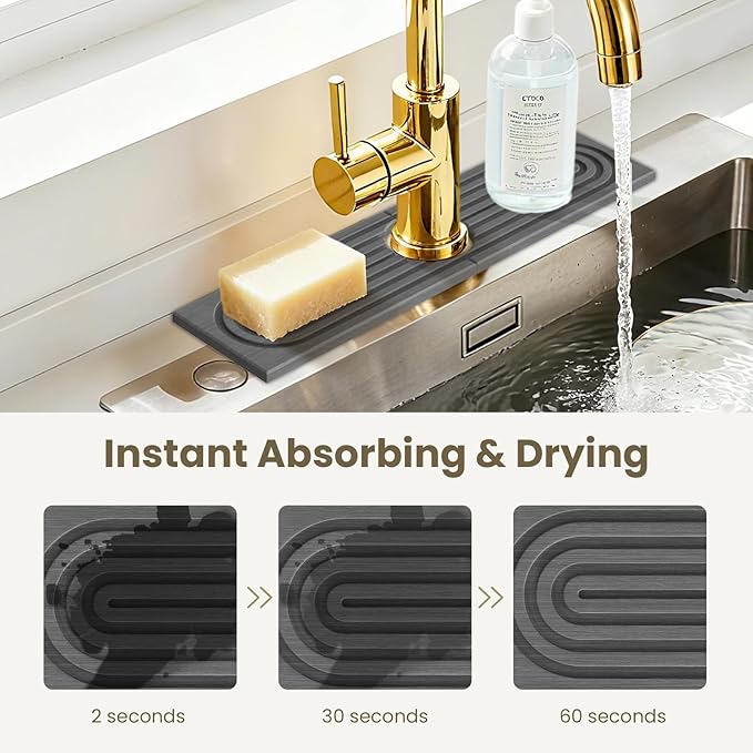 Premium Diatomite Stone Drying Mat for Kitchen Counter, Faucet Mat for Kitchen Sink, Sink Protector & Splash Guard, Quick-Dry Kitchen Sink Mat,Super Absorbent (Gray, 15.8"x4") - Image 5