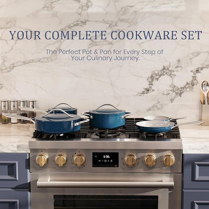 CookinCraze Stock Pot 4.5QT Nonstick Ceramic Dutch Oven Pot with Lid (9.5"x 4") Non-Toxic PFAS-Free Even Heat Distribution, for Braising, Baking Bread & Soups, Compatible for All Cooktops(Induction/Gas/Electric) Oven Safe to 500°F, Navy Blue