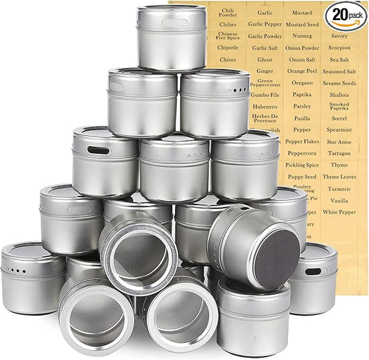 Juvale 20-Pack Magnetic Spice Jars - Space-Saving & Magnetic Spice Rack for Refrigerator - Preprinted Labels & Seasoning Containers - Pack of 20, 3.4 fl oz by Juvale