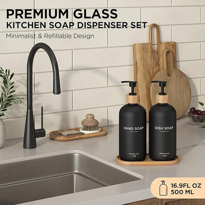 Hand and Dish Soap Dispenser Set,16oz Glass Bottles with Printed Labels, Bamboo Tray & Pump,Countertop Soap Dispensers for Kitchen,Luxury, Minimalist & Farmhouse Decor (Hand Dish (Black)) - Image 2