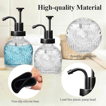 SheeChung Vintage Soap Dispenser, Kitchen Dish Soap Dispensers with Pump Mat, Glass Hand Soap Dispenser for Bathroom, Liquid, Lotion, Refillable, Rustic Farmhouse Decor-Clear (Black Pump, 1 pk)