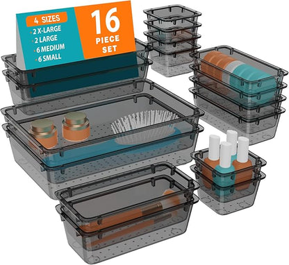 WOWBOX 16 PCS Clear Plastic Drawer Organizer Set, 4 Sizes Desk Drawer Organization and Storage Containers for Makeup, Cosmetics, Jewelry and Gadgets in Kitchen, Bathroom, Bedroom, Office, Clear Black by WOWBOX