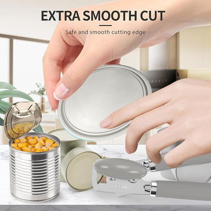 Safring Can Opener Manual, Heavy Duty Stainless Steel Smooth Edge Can Opener With Soft Touch Handle, Oversized Handheld Easy Turn Knob, Multi-Function Bottle Opener, Gray