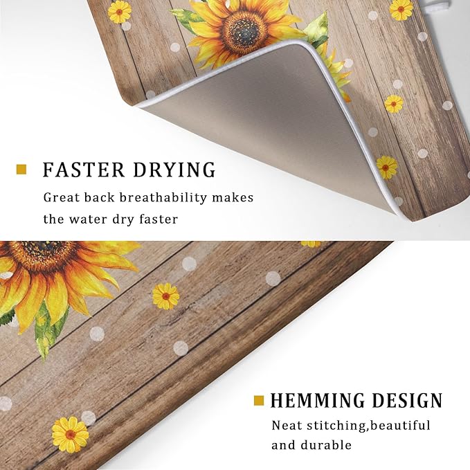 Summer Sunflower Bee Dish Drying Mat for Kitchen Counter,Rustic Yellow Flowers White Polka Dots Drying Mat 18 x 24 Inch with Absorbent Reversible Microfiber Drying Pad for Coffee Bar - Image 3
