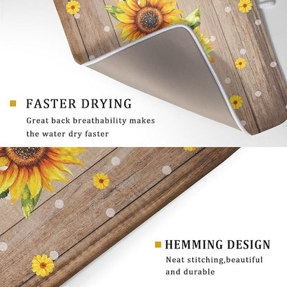 Summer Sunflower Bee Dish Drying Mat for Kitchen Counter,Rustic Yellow Flowers White Polka Dots Drying Mat 18 x 24 Inch with Absorbent Reversible Microfiber Drying Pad for Coffee Bar - Image 3