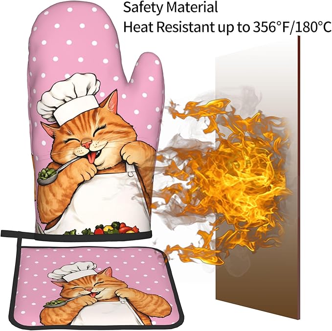 Cat Oven Mitts - Pink Oven Mitts and Pot Holders Sets of 2 Cute Kitten Cooker Kitchen Mitts Hot Pads for Baking Grilling - Image 5