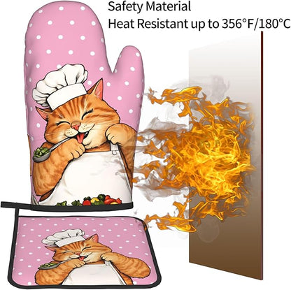Cat Oven Mitts - Pink Oven Mitts and Pot Holders Sets of 2 Cute Kitten Cooker Kitchen Mitts Hot Pads for Baking Grilling - Image 5
