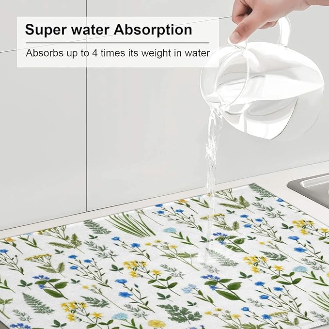 Blue Yellow Wildflower Dish Drying Mats for Kitchen Counter, Vintage Botanic Fern Leaves Floral Kitchen Drainer Pad, 18" x 24" Absorbent Microfiber Washable Reusable Dish Draining Mats, Home Decor
