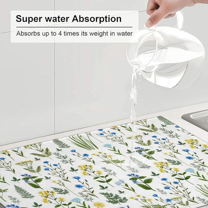 Blue Yellow Wildflower Dish Drying Mats for Kitchen Counter, Vintage Botanic Fern Leaves Floral Kitchen Drainer Pad, 18" x 24" Absorbent Microfiber Washable Reusable Dish Draining Mats, Home Decor