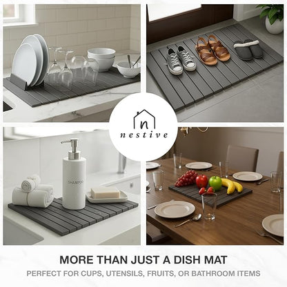 Large Stone Drying Mat for Kitchen Counter | 24"x16" | Fast Drying Collapsible Diatomaceous-Earth Mat | Super Absorbent Folding Mat for Dishes, Bottles, Glass, Heat-Resistant, Non-Slip (Dark Gray)