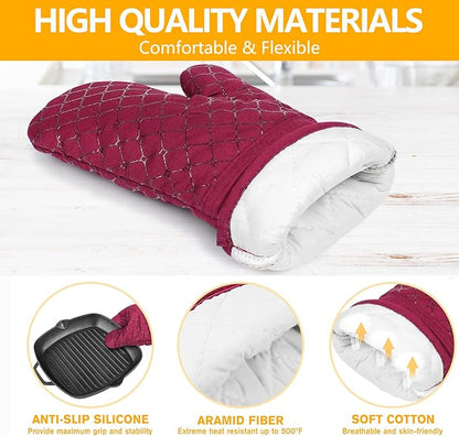 6 Pcs Oven Mitts and Pot Holders, 500℉ Heat Resistant Oven Mitts with Kitchen Towels Soft Cotton Lining and Non-Slip Silicone Surface Safe for Baking, Cooking, BBQ (Red) - Image 3