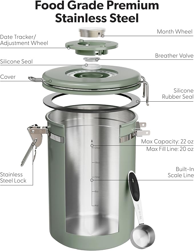 Veken Coffee Canister with Window, Airtight Stainless Steel Kitchen Food Storage Container with Lids, Date Tracker and Scoop for Grounds Coffee, Beans, Tea, Flour, Cereal, Sugar Jars, 22OZ, Green - Image 7
