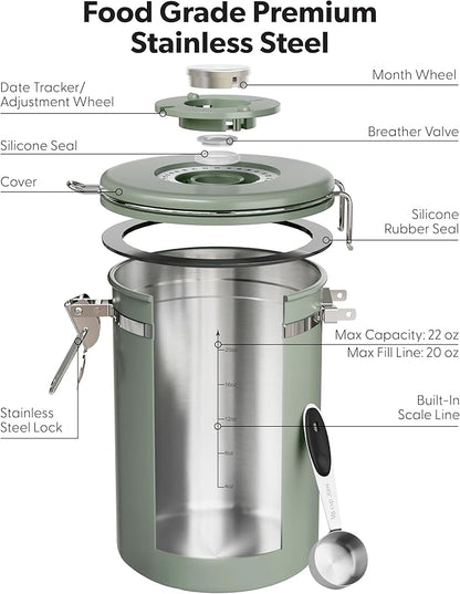 Veken Coffee Canister with Window, Airtight Stainless Steel Kitchen Food Storage Container with Lids, Date Tracker and Scoop for Grounds Coffee, Beans, Tea, Flour, Cereal, Sugar Jars, 22OZ, Green - Image 7