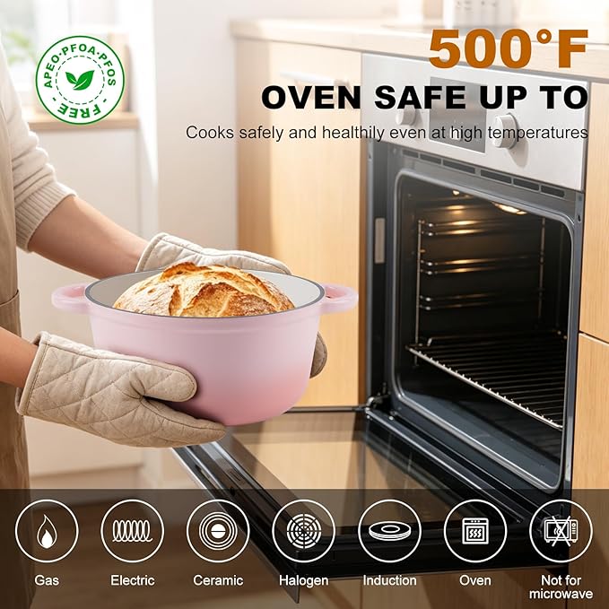 Enameled Cast Iron Dutch Oven - 7QT Pot with Lid,Oven Safe to 500°F,Heavy-Duty Cookware for Sourdough Bread Baking,Braising,Stews,Roasting Pink - Image 5