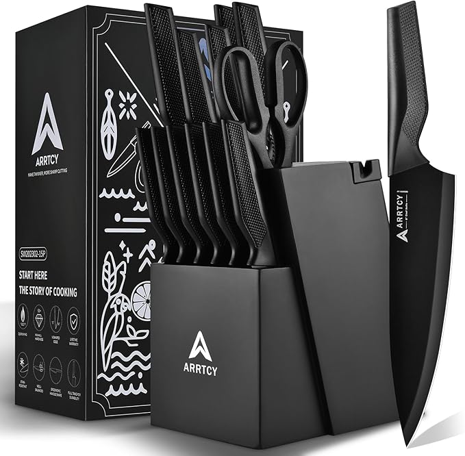Knife Set with Block - Kitchen Knife Set German High-Carbon Steel - 15-Piece with Built-in Sharpener & Dishwasher Safe - Ergonomic Anti-Slip Handles,Black,Gift Box Included by ARRTCY