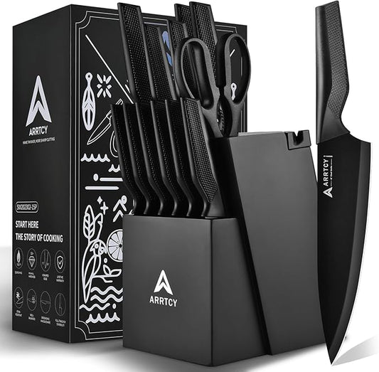 Knife Set with Block - Kitchen Knife Set German High-Carbon Steel - 15-Piece with Built-in Sharpener & Dishwasher Safe - Ergonomic Anti-Slip Handles,Black,Gift Box Included by ARRTCY