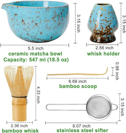 Matcha Bowl and Whisk Set, BPA-Free – Multi-Layer Ice-Crackle Ceramic Chawan with Spout, Bamboo Chasen, Holder, Scoop & Sifter | Japanese Ceremonial Matcha Tea Kit for Lattes & Beginners