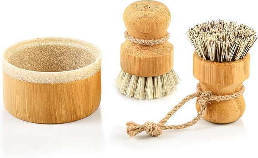 SUBEKYU Bamboo Dish Brush Set with Soap Holder, Wooden Dish Scrubber with Soap Dispenser, Natural Kitchen Scrub Brush, Washing Pot/Pans/Cast Iron, 2 Pack, Sisal + Coconut Palm Bristles by SUBEKYU