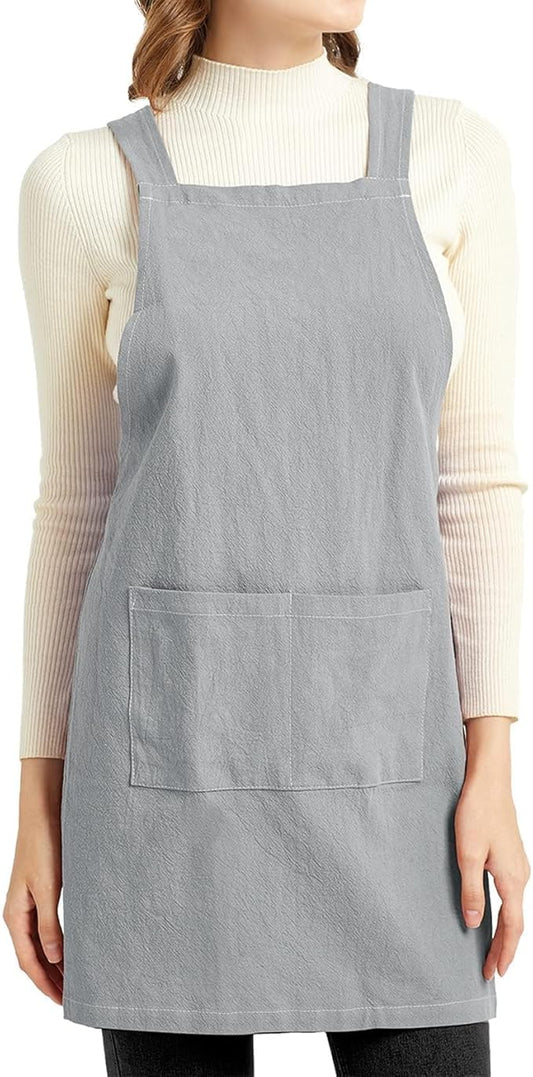 ELEZAY Aprons for Women with Pockets Plus Size Comfort Cross Back No Tie Cotton Linen Apron Pinafore
