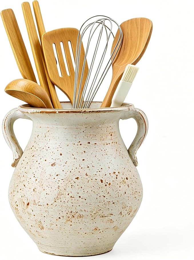 Rustic Kitchen Utensil Holder for Countertop, 7.6x4.9In Large Ceramic Cooking Utensil Crocks for Countertop, with non-slip pads, Morden Farmhouse Vintage Kitchen Counter Decor by OOXYG