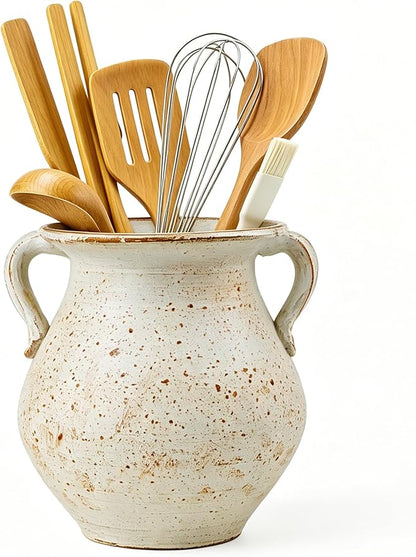 Rustic Kitchen Utensil Holder for Countertop, 7.6x4.9In Large Ceramic Cooking Utensil Crocks for Countertop, with non-slip pads, Morden Farmhouse Vintage Kitchen Counter Decor by OOXYG