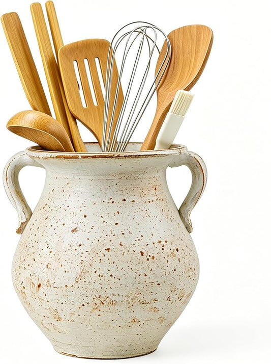Rustic Kitchen Utensil Holder for Countertop, 7.6x4.9In Large Ceramic Cooking Utensil Crocks for Countertop, with non-slip pads, Morden Farmhouse Vintage Kitchen Counter Decor by OOXYG